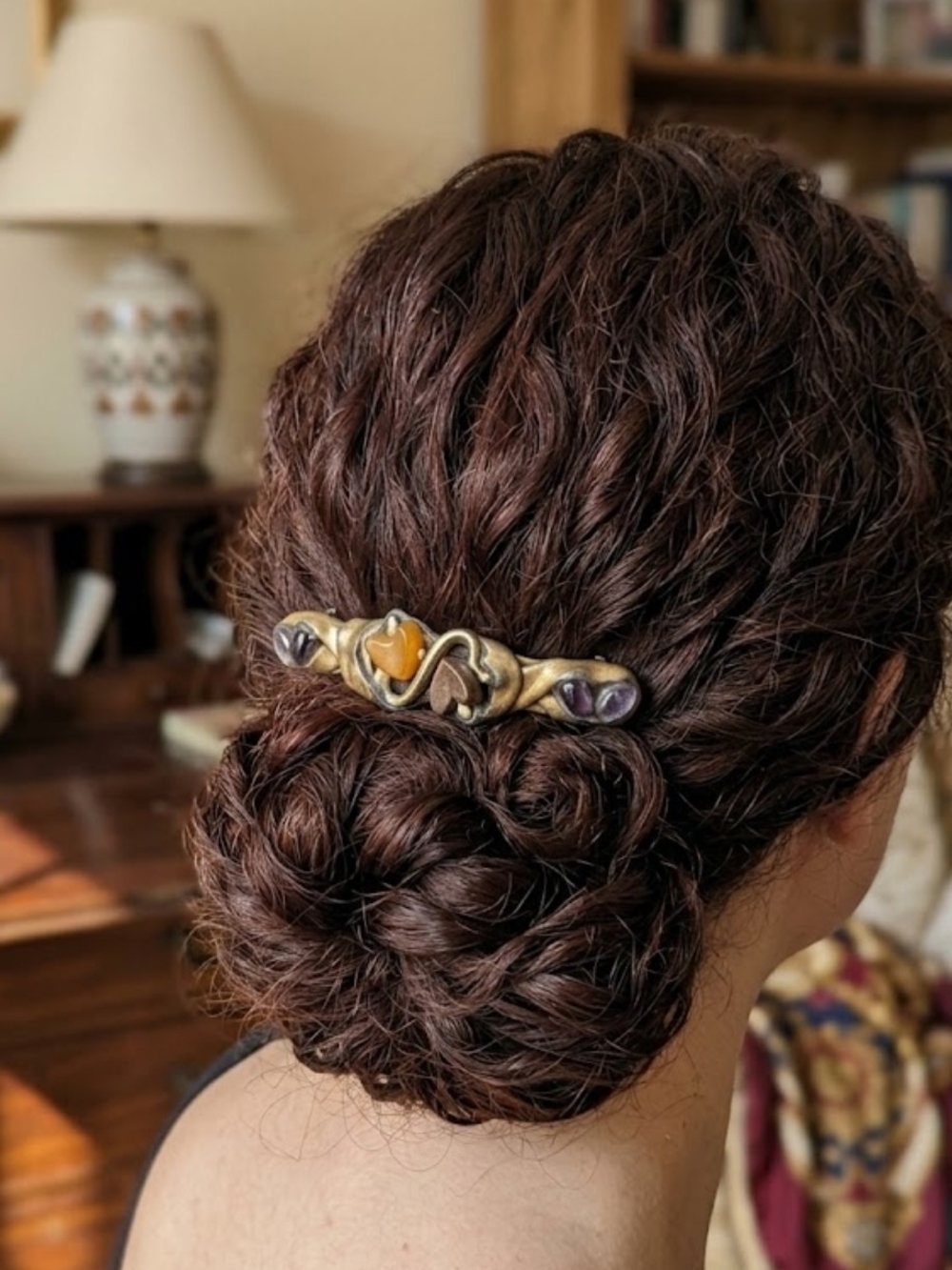 Decorative Gold-Tone Heart Hair Barrette with Amber and Amethyst Stones